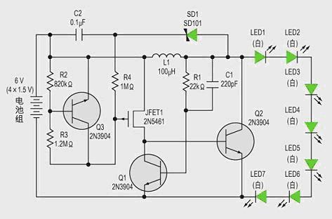 可以調節7個白光LED串亮度的低成本電感型升壓電路