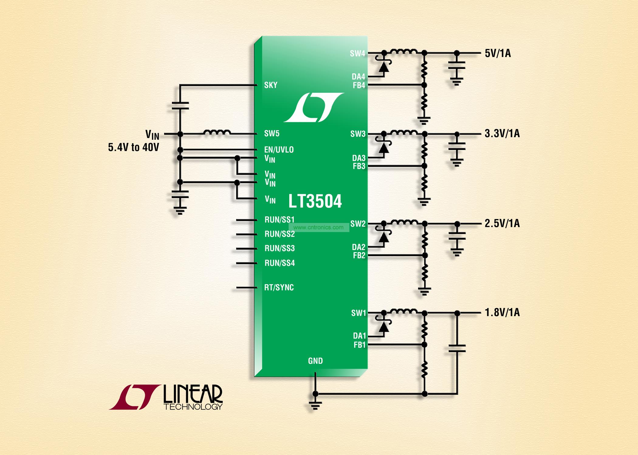 40V、4 通道 1A (IOUT)、2.2MHz 降壓型 DC/DC 轉換器