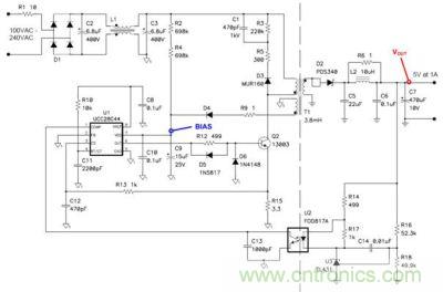 移動設備充電器所使用的一個5V/5W非連續反向電源的原理圖