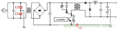 車載充電器電源電路例 (C1: AC線路濾波器用Y電容器、C2: 初級(jí)-次級(jí)耦合用電容器) 