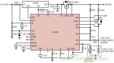 LTC4000 和 LTC3789：6V 至 36VIN、4 節 5A 鋰離子電池充電器