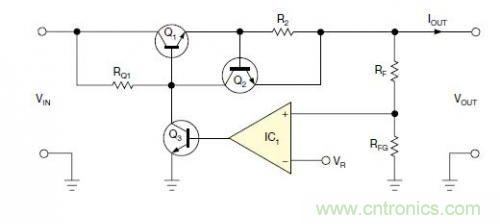 圖1：一個標準的線性穩壓器直接將反饋連接到串聯導通晶體管上。