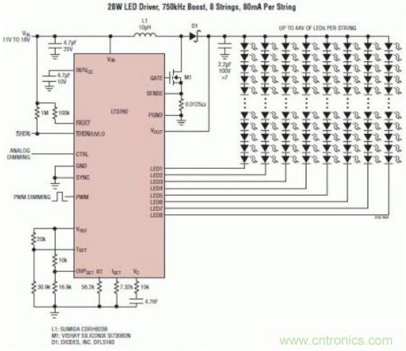 采用 LT3760、效率為 90% 的 28W LED 背光照明電路