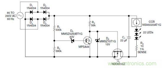 圖1：電路以恒流驅(qū)動一串LED，可用于全世界的各種交流電壓