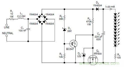 圖2：斬波工作類似圖1中的電路，但以較大的LED串聯(lián)電阻代替了恒流源，提供限流功能