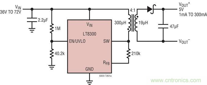 圖 1：具主端輸出電壓檢測的 LT8300 反激式轉換器