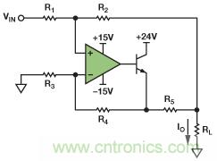圖1. 改進(jìn)型Howland電流源驅(qū)動(dòng)接地負(fù)載。