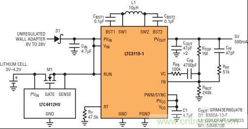 圖7：LTC3115-1與LTC4412HV相結(jié)合，以獲得由單節(jié)鋰離子電池和未穩(wěn)壓交流適配器提供的雙輸入5V電源