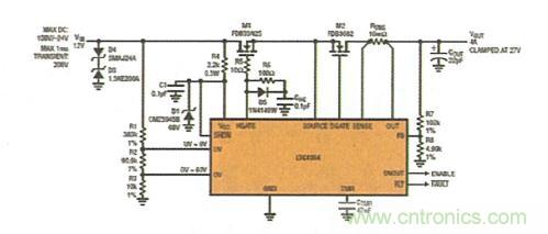 圖2：具反向電流保護功能的浪涌抑制器可在 VIN上承受 200V/-24V 瞬態電壓