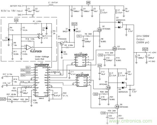 TPS40090 多相降壓控制器的 4 相、300W 升壓電源