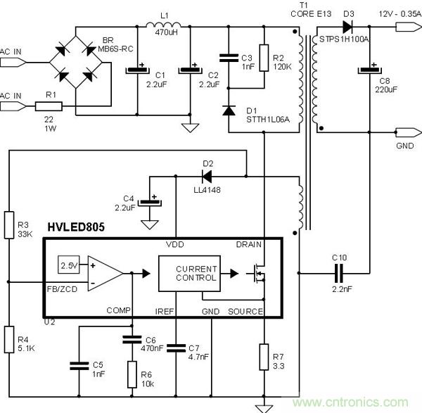 首個最簡單、器件最少的LED驅動電路設計