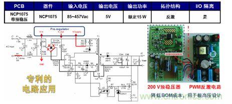 基于NCP1075開關穩壓器和200 V預穩壓器的極寬電壓范圍15 W參考設計。