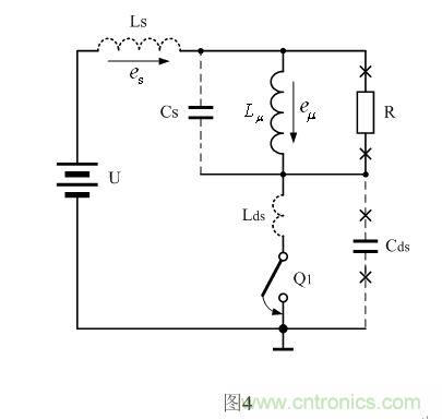 圖4是圖3中的開關(guān)管Q1導(dǎo)通時(shí)對應(yīng)的等效工作原理圖