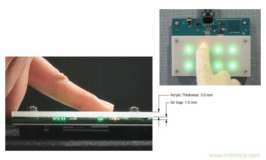 圖7. 安森美半導(dǎo)體電容式觸摸傳感器具有高度靈敏度，支持戴手套觸摸，支持含氣隙應(yīng)用