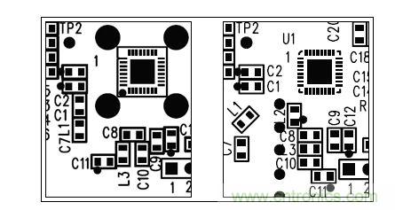  圖中所示為兩種不同的PCB布局，其中一種布局的元件排列方向不合理（L1和L3），另一種的方向排列則更為合適。