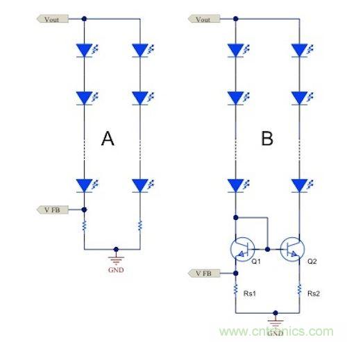 電流鏡 (B) 可針對簡單電阻器電流調(diào)節(jié) (A) 提供各種優(yōu)勢。