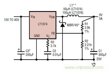 一款降壓開關降壓穩壓器LT1074的電路圖