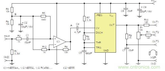 含運(yùn)算放大器和NE555定時器的耳機(jī)和音頻線路驅(qū)動器。也可以使用CMOS版本(如LMC555)，但輸出電流較低。其優(yōu)點為工作頻率較高。