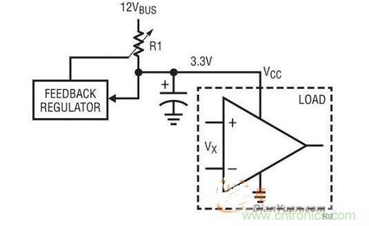 反饋環(huán)路調(diào)整串聯(lián)電阻器R1的阻值以調(diào)節(jié)3.3V