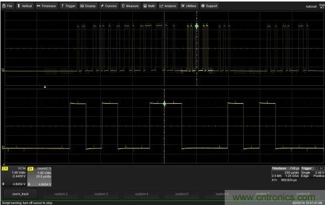 使用CustomDSO運行VB腳本“zoom_Track.lss”。當腳本運行時，縮放波形的中心將跟蹤水平的光標絕對位置。從圖中可以看出，光標將永遠位于縮放波形Z1的中心