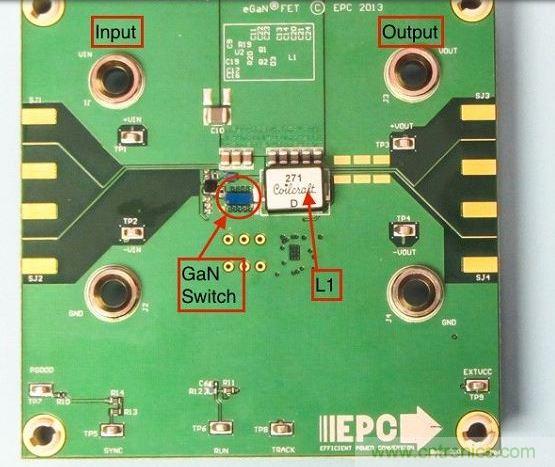 演示板用于顯示GaN的EMI。該GaN組件被圈定，我會(huì)在L1左側(cè)測(cè)量切換的波形。