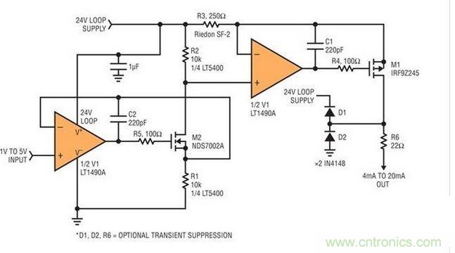 圖1：精確匹配的電阻器提供準確的電壓至電流轉換