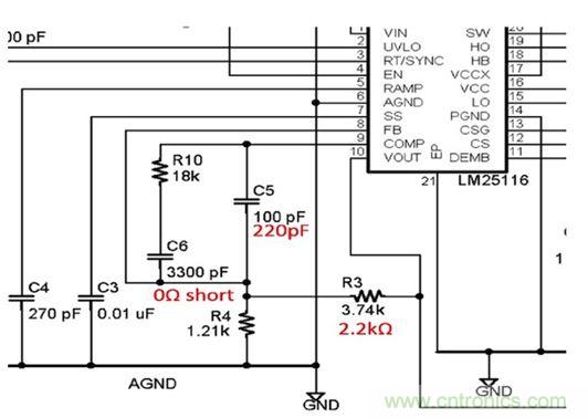 圖4：評估板部分原理圖顯示必須調整分壓器(R3和R4)將輸出電壓從5V改變到3.3V。另外還有其它多處改變。