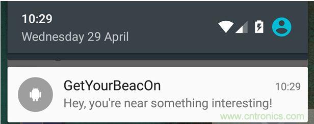 圖10 – 安卓系統(tǒng)通知，提示附近發(fā)現(xiàn)Beacon