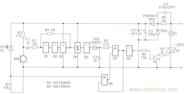 聲光控自動照明燈電路