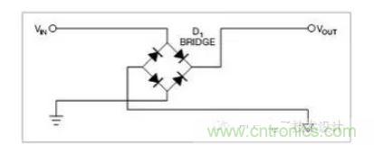 是一個(gè)橋式整流器，不論什么極性都可以正常工作，但是有兩個(gè)二極管導(dǎo)通，功耗是圖1的兩倍.