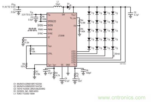 汽車電池供電的驅動器用于20個 LED