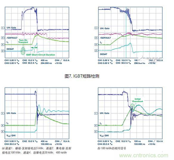 過流關斷時序延遲（通道1：柵極-發射極電壓10 V/div；通道2：來自 控制器的PWM信號5 V/div；通道3：低電平有效跳變信號5 V/div；100 ns/div）