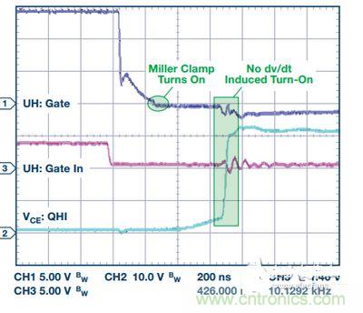 過流關斷時序延遲（通道1：柵極-發射極電壓10 V/div；通道2：來自 控制器的PWM信號5 V/div；通道3：低電平有效跳變信號5 V/div；100 ns/div）