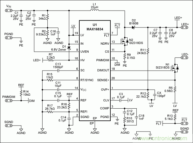 采用MAX16834設(shè)計buck-boost LED驅(qū)動器