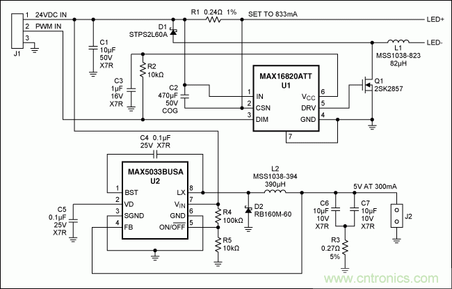 MR-16 LED驅動器和用于脈沖LED冷卻器供電的5V輔助電源