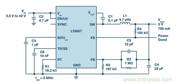 具2.5 μA靜態電流和超低EMI的42 V單片式同步降壓型穩壓器