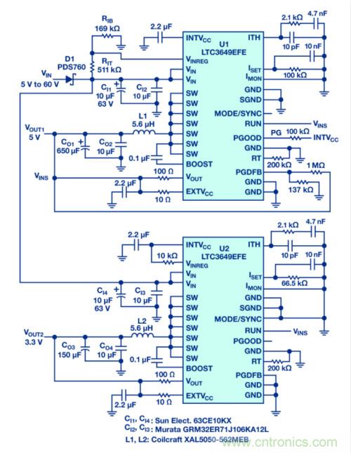 60 V輸入單芯片轉換器可在沒有超級電容或其他附加元件的情況下為關鍵電路供電