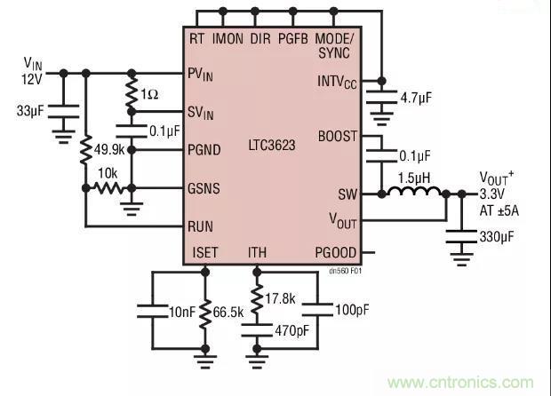 高效率、15V 軌至軌輸出同步降壓型穩壓器能提供或吸收 5A