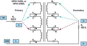   材料  ? ADALM2000主動學習模塊 ? 無焊試驗板和跳線套件 ? 一臺HPH1-1400L 6繞組變壓器 ? 一臺HPH1-0190L 6繞組變壓器 ? 兩個100 Ω電阻  說明  在無焊試驗板上構建圖2所示的電路。需要使用此設置來測量初級/次級匝數比為1:1的三種不同配置下，兩個變壓器型號各自的頻率響應。兩個紅色箭頭表示在初級和次級使用同一個線圈的配置中連接源電阻和負載電阻的位置。藍色箭頭對應的是在初級和次級使用兩個串聯線圈的配置。綠色箭頭對應的是在初級和次級使用三個串聯線圈的配置。